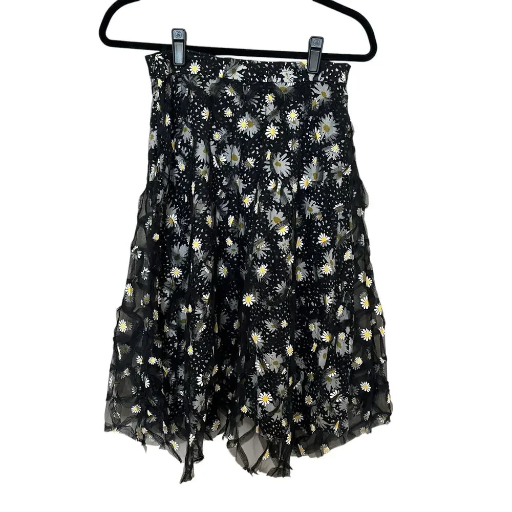 Eva Franco Midi Skirt Size 4 Tunisia Black Daisies Double Layer Overlay Tulle